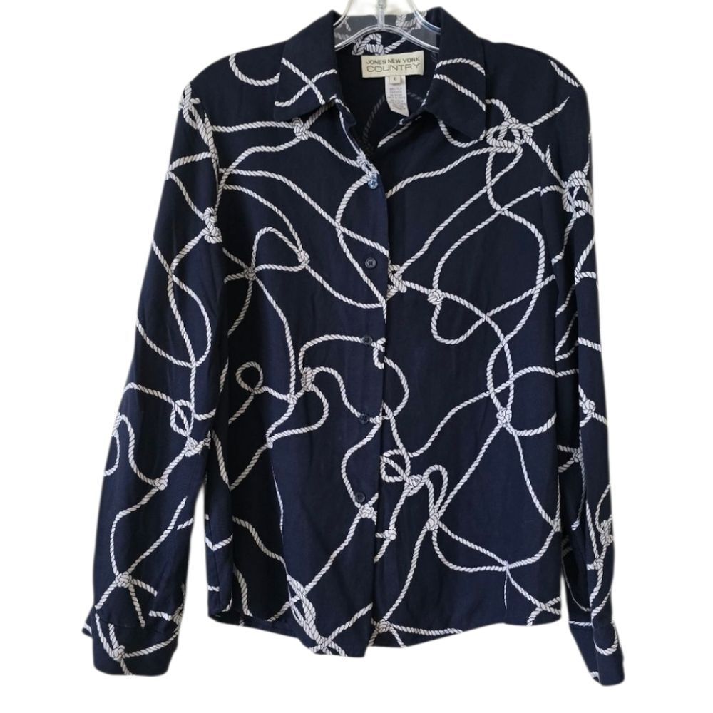 Jones New York Country Navy and White 100% Silk Button Up Size 6 ‎ Preppy